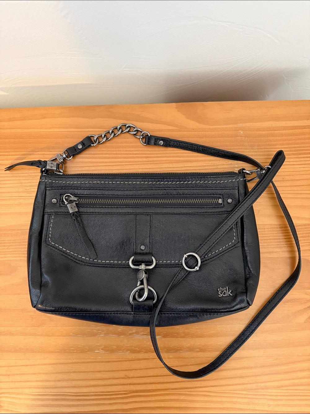 Vintage The Sak Ventura Black Leather Adjustable Crossbody Bag Silver Accents